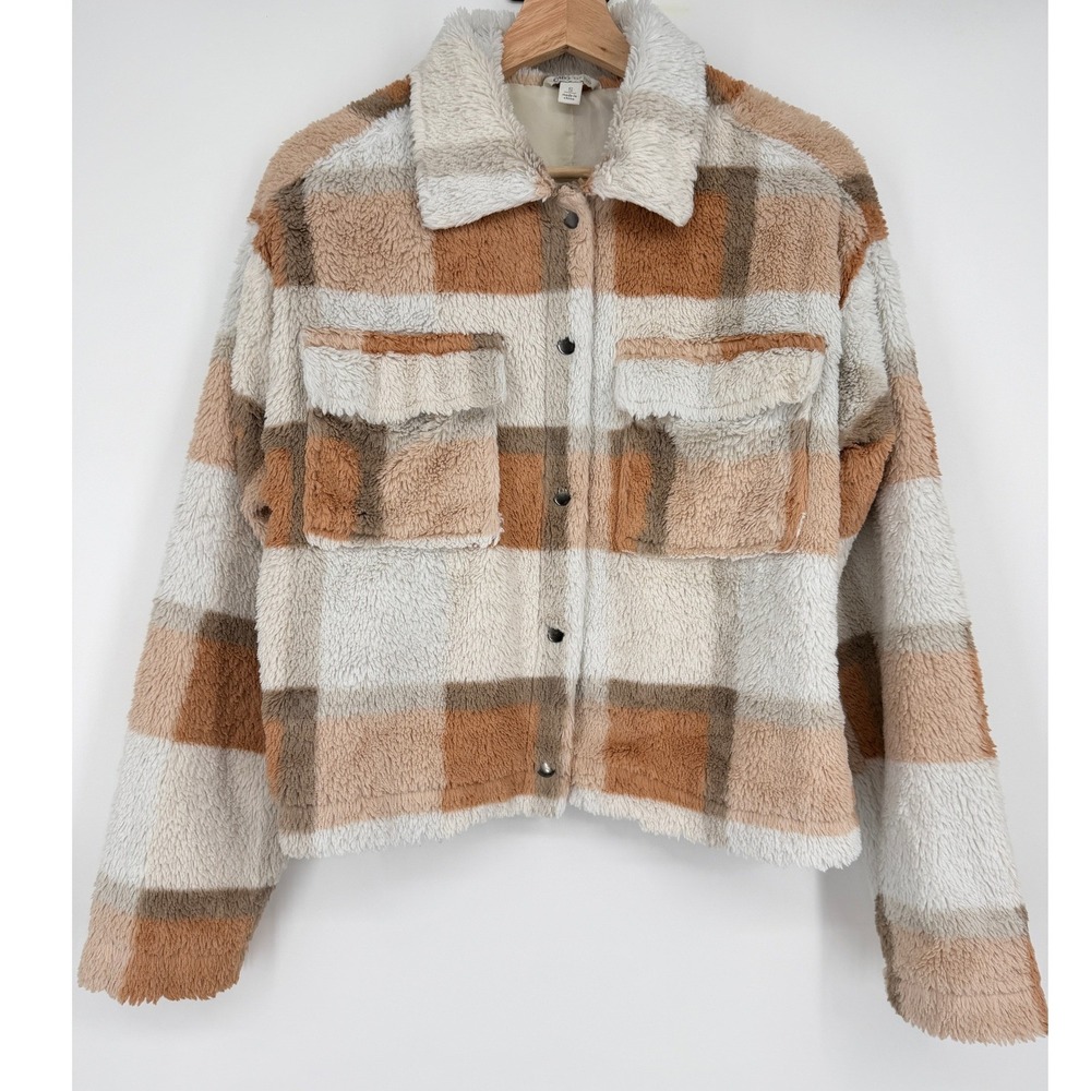 Cato Plaid Fuzzy Teddy Shacket Jacket Size S Orange Brown Cream - Picture 1 of 7